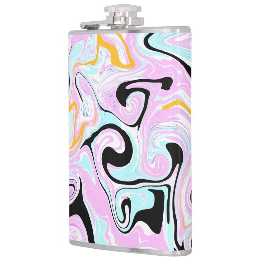 流体アートコットンキャンディーピンク、ティール（緑がかった色）、ブラックと金ゴールド フラスク (左)
