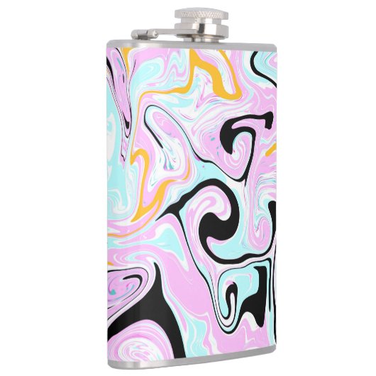 流体アートコットンキャンディーピンク、ティール（緑がかった色）、ブラックと金ゴールド フラスク (右)