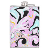 流体アートコットンキャンディーピンク、ティール（緑がかった色）、ブラックと金ゴールド フラスク (裏面)