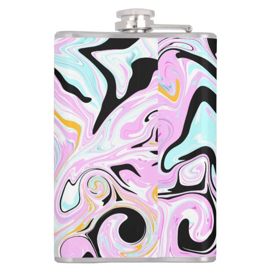 流体アートコットンキャンディーピンク、ティール(緑がかった色)、ブラックと金ゴールド フラスク (裏面)
