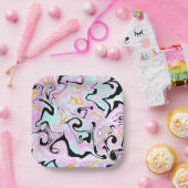 流体アートコットンキャンディーピンク、ティール(緑がかった色)、ブラックと金ゴールド ペーパープレート (パーティー)