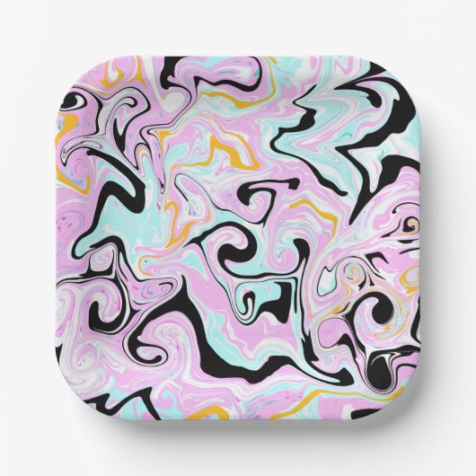 流体アートコットンキャンディーピンク、ティール(緑がかった色)、ブラックと金ゴールド ペーパープレート (正面)