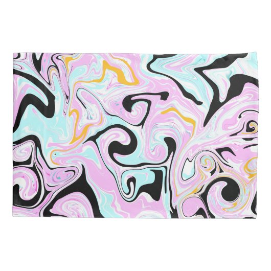 流体アートコットンキャンディーピンク、ティール（緑がかった色）、ブラックと金ゴールド 枕カバー (裏面)