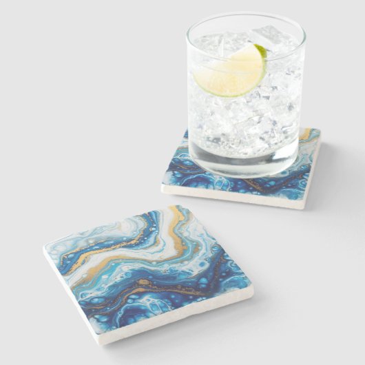 流体エレガントアート装飾タイル – 抽象芸術ブルー ストーンコースター (横)