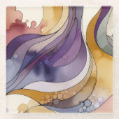 流体ラインの紫色と金色の抽象芸術水色 ガラスコースター (正面)