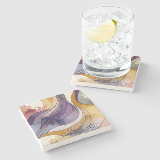 流体ラインの紫色と金色の抽象芸術水色 ストーンコースター (横)