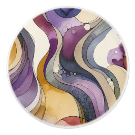 流体ラインの紫色と金色の抽象芸術水色 セラミックノブ