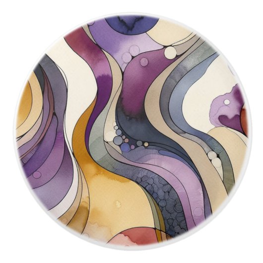 流体ラインの紫色と金色の抽象芸術水色 セラミックノブ (正面)