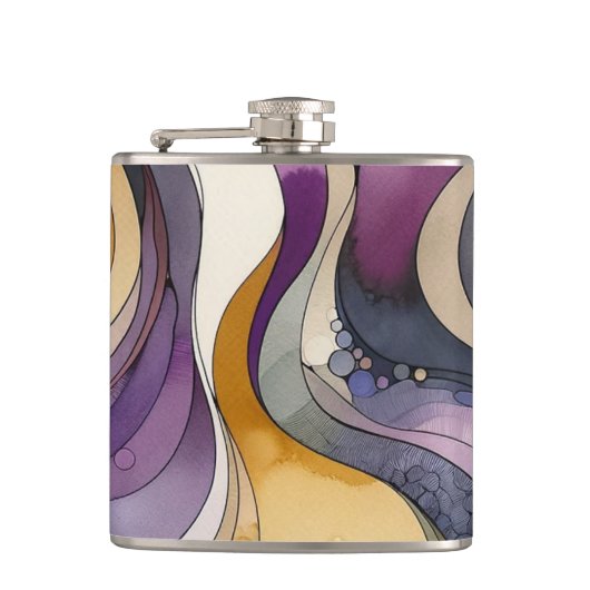 流体ラインの紫色と金色の抽象芸術水色 フラスク (正面)