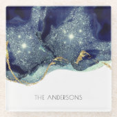 流体抽象芸術アルコールインク金ゴールドネイビーグリッター ガラスコースター (正面)