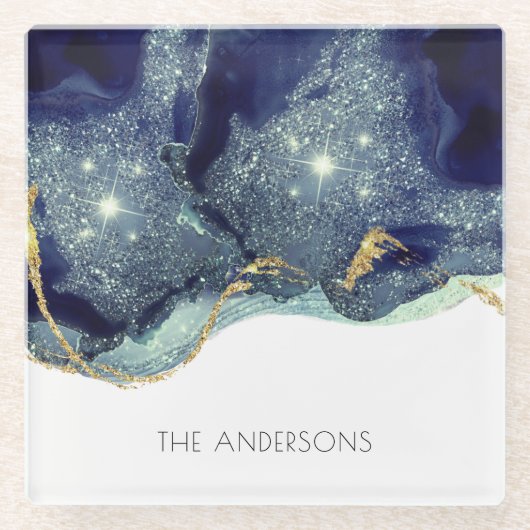 流体抽象芸術アルコールインク金ゴールドネイビーグリッター ガラスコースター (正面)