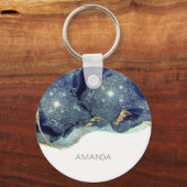 流体抽象芸術アルコールインク金ゴールドネイビーグリッター キーホルダー (正面)