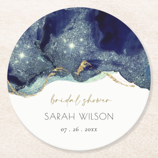 流体抽象芸術インク金ゴールドネイビーグリッターブライダルシャワー ラウンドペーパーコースター (正面)