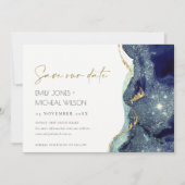 流体抽象芸術ネイビーグリッター保存日付招待状 サンキューカード (正面)