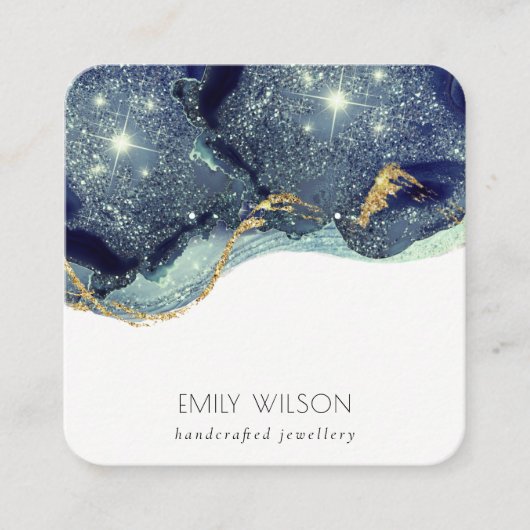 流体抽象芸術金ゴールドネイビーグリッターイヤリングディスプレイ スクエア名刺 (正面)