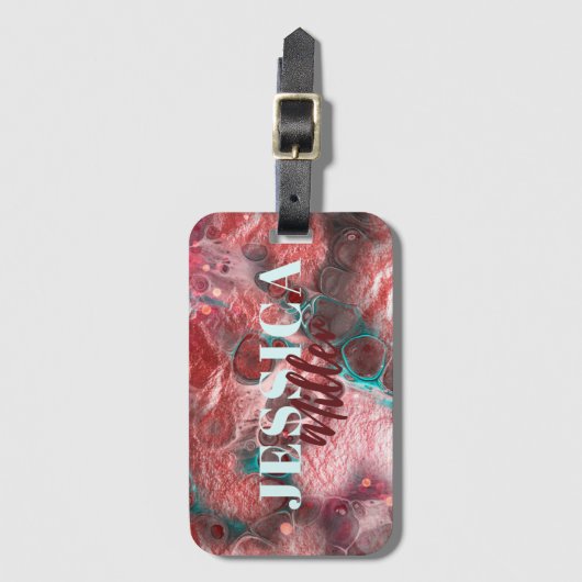 流体絵を描赤ティール(緑がかった色)ホイルきらめくライトアクセント ラゲッジタグ (正面縦)