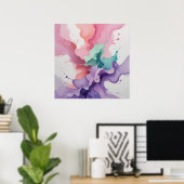 流体調和-抽象芸術水彩ティール(緑がかった色)、ピンク ポスター (ホームオフィス)