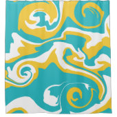 流出 – ターコイズと黄色 シャワーカーテン (正面)