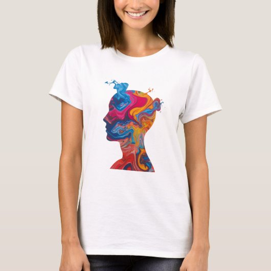 流動するペイントの波と抽象的な頭部 – 女性用ベーシックTシャツ Tシャツ (正面)