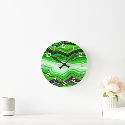流動芸術のような緑と黒ストライプのの大理石 ラウンド壁時計 (ホーム)