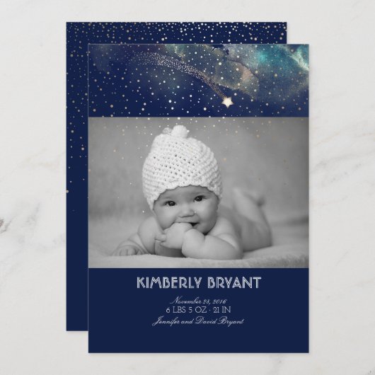 流星の星明かりの夜ベビーの写真の誕生 案内状 (正面/裏面)