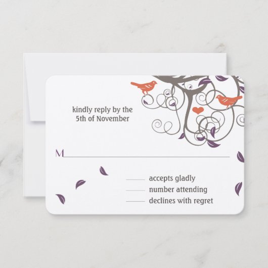 流木の木の渦巻き愛の鳥の結婚式RSVP 出欠カード (正面)