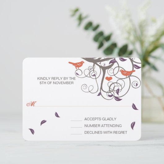 流木の木の渦巻き愛の鳥の結婚式RSVP 出欠カード (スタンド正面)
