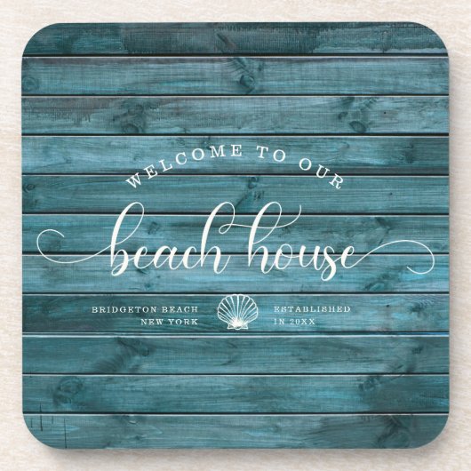 流木ようこそ私たちのビーチハウススクリプトカスタム コースター (正面)