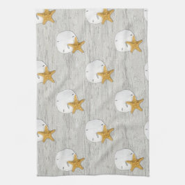 流木ハンドタオルに砂ドルとヒトデ キッチンタオル