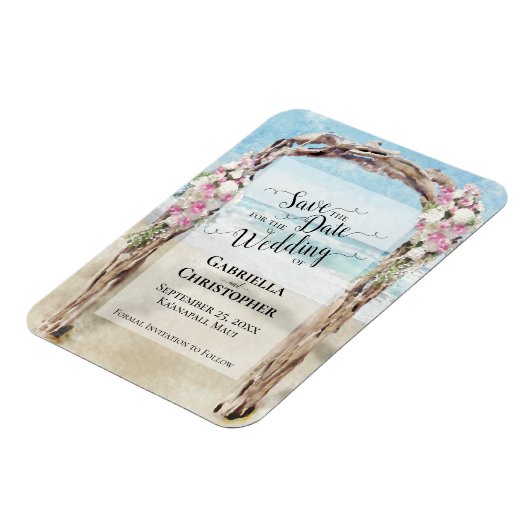 流木ビーチアーバーウェディング日付を保存 マグネット (左側)