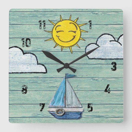 流木ビーチ時計と数字。ジェイドミディアム スクエア壁時計 (正面)