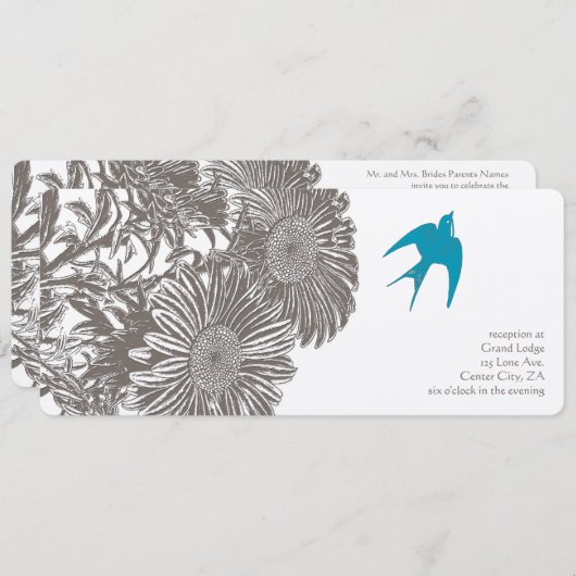 流木ヴィンテージ花とアクア結婚バード 招待状 (正面/裏面)