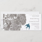 流木ヴィンテージ花とティール（緑がかった色）結婚鳥 招待状 (裏面)
