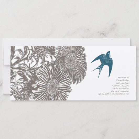 流木ヴィンテージ花とティール（緑がかった色）結婚鳥 招待状 (正面)