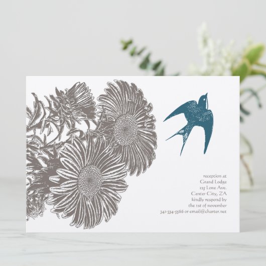 流木ヴィンテージ花とティール（緑がかった色）結婚鳥 招待状 (スタンド正面)