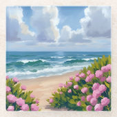 浜辺に咲く花 | ピンクの紫陽花 海辺のコースト ガラスコースター (正面)