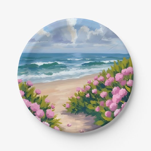 浜辺に咲く花 | ピンクの紫陽花 海辺のコースト ペーパープレート (正面)