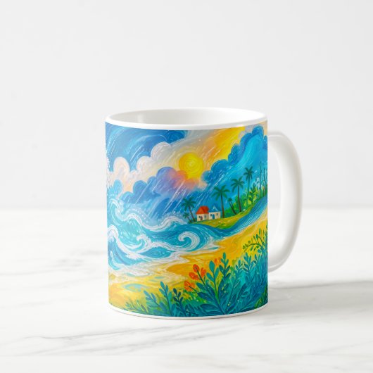 浜辺の家に迫る嵐の波 コーヒーマグカップ (正面右)