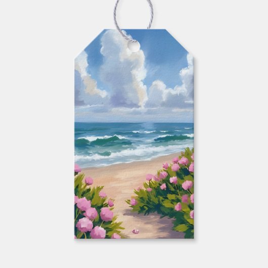 浜辺の花開く | ピンクのあじさい 海辺のコースト ギフトタグ (正面)