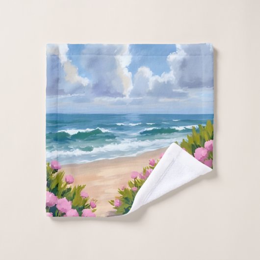 浜辺の花開く | ピンクの紫陽花 海辺のコースト ウォッシュタオル (ウォッシュタオル)