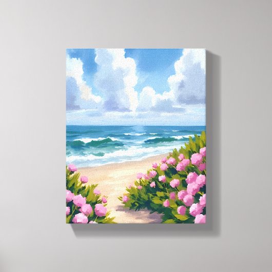 浜辺の花開く | ピンクの紫陽花 海辺のコースト キャンバスプリント (正面)