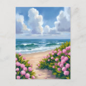 浜辺の花開く | ピンクの紫陽花 海辺のコースト ポストカード (正面)