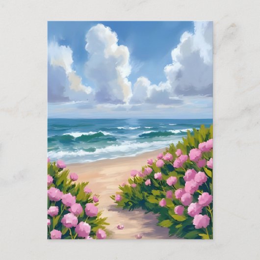 浜辺の花開く | ピンクの紫陽花 海辺のコースト ポストカード (正面)