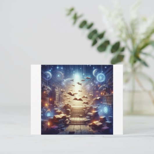 浮いている本でいっぱいの魔法の図書館 ポストカード (スタンド正面)