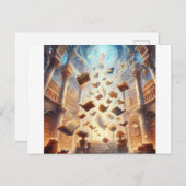 浮いている本でいっぱいの魔法の図書館 ポストカード (正面/裏面)