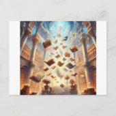 浮いている本でいっぱいの魔法の図書館 ポストカード (正面)