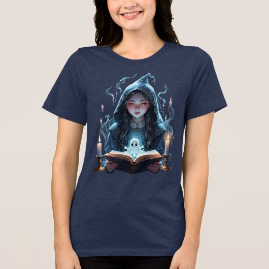 浮かぶキャンドル、幽霊と若い魔女のカットアウト トライブレンドTシャツ (正面)