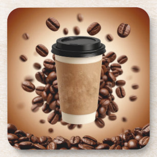 浮かぶコーヒーカップとコーヒー豆 コースター