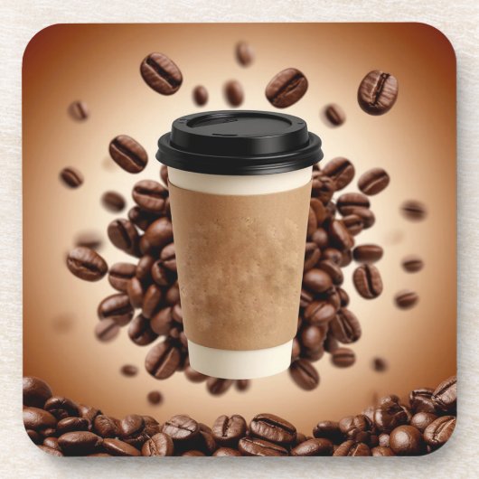 浮かぶコーヒーカップとコーヒー豆 コースター (正面)