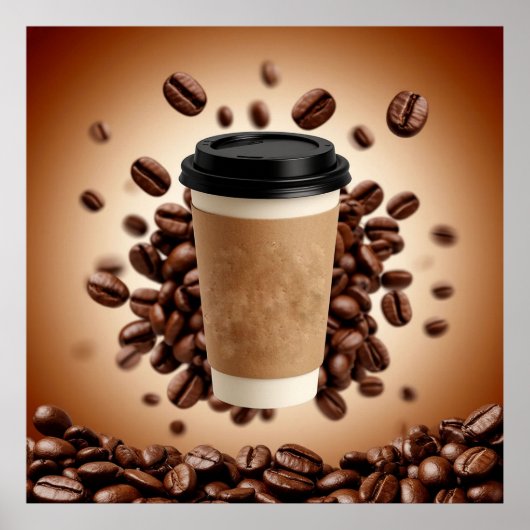 浮かぶコーヒーカップとコーヒー豆 ポスター (正面)